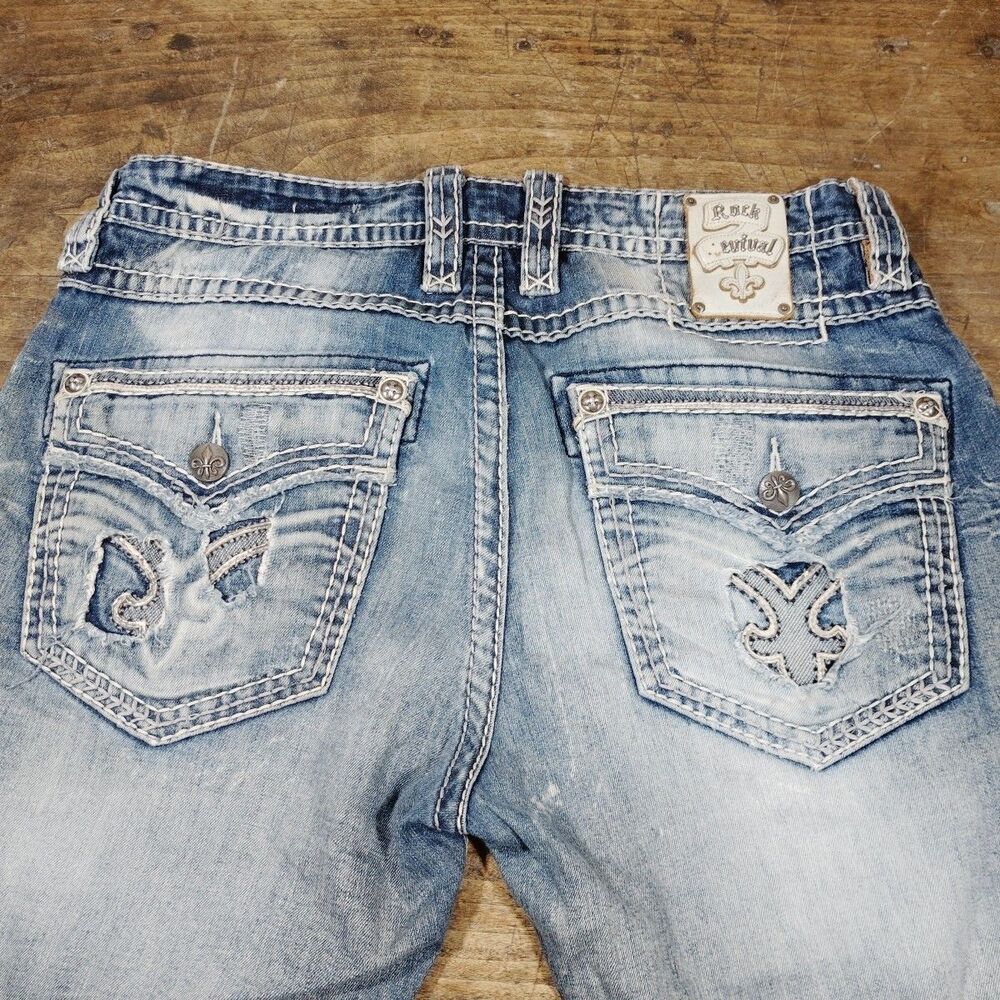 Rock Revival Jeans 36 x 31 Blue Denim Lamont Boot Distressed Holes Biker Moto